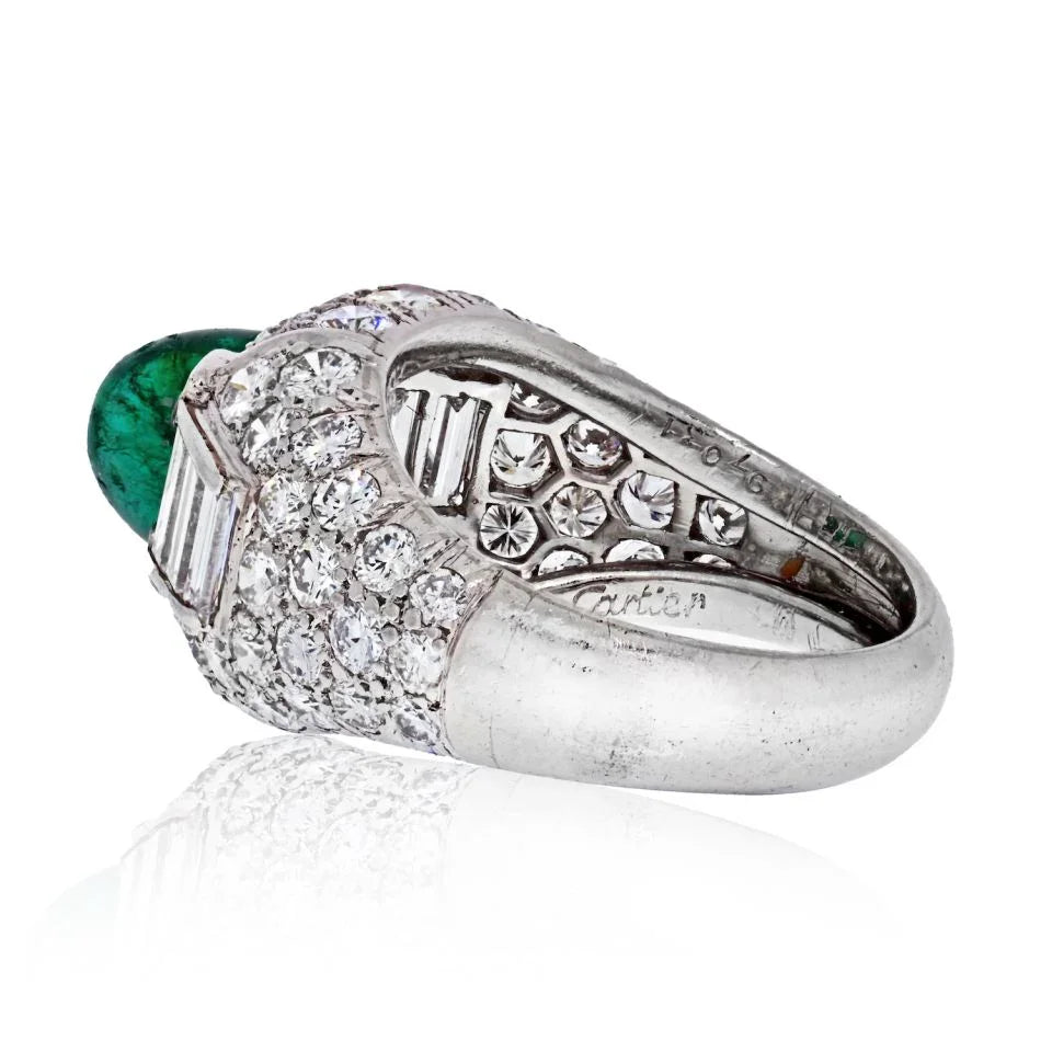 Carthttier Platinum Cabochon Emerald And Diamond Vintage Ring