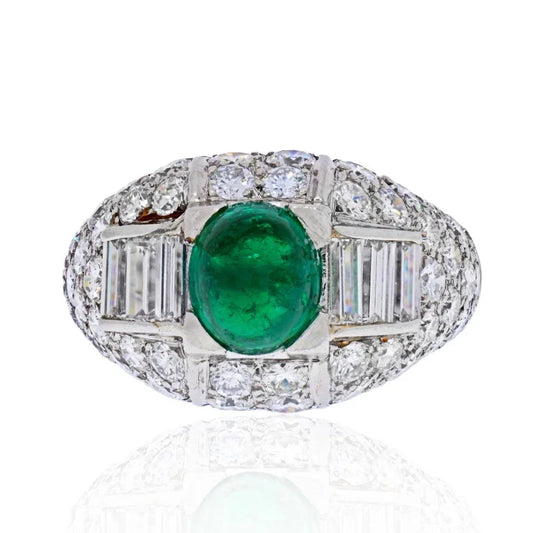 Carthttier Platinum Cabochon Emerald And Diamond Vintage Ring