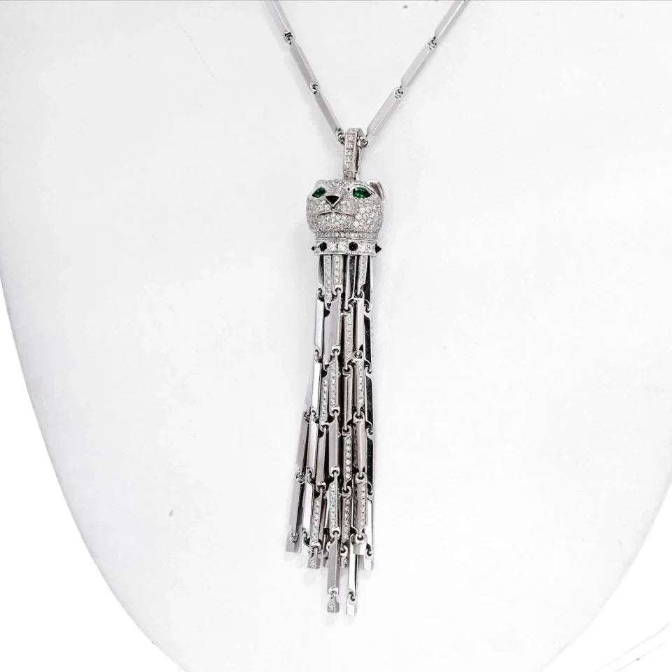 Carthttier 18K White Gold Diamond Panthere Tassel Pendant On A Carthttier Chain Necklace