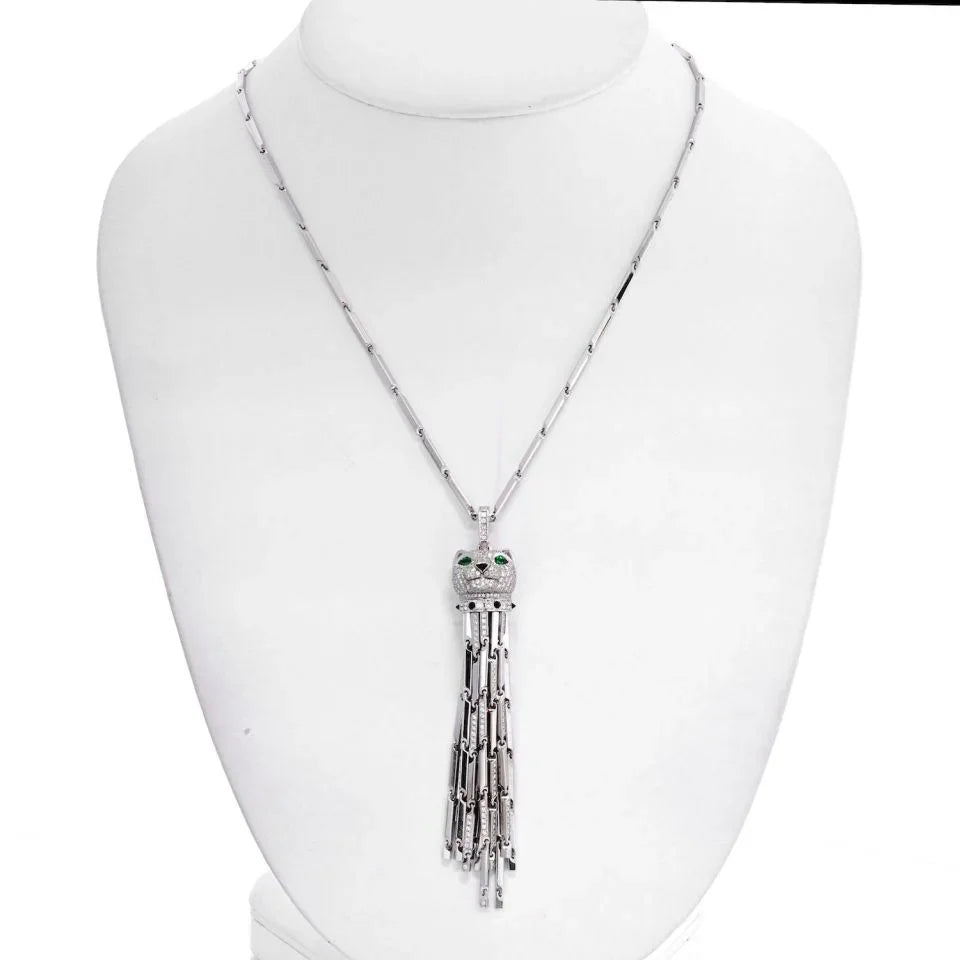 Carthttier 18K White Gold Diamond Panthere Tassel Pendant On A Carthttier Chain Necklace