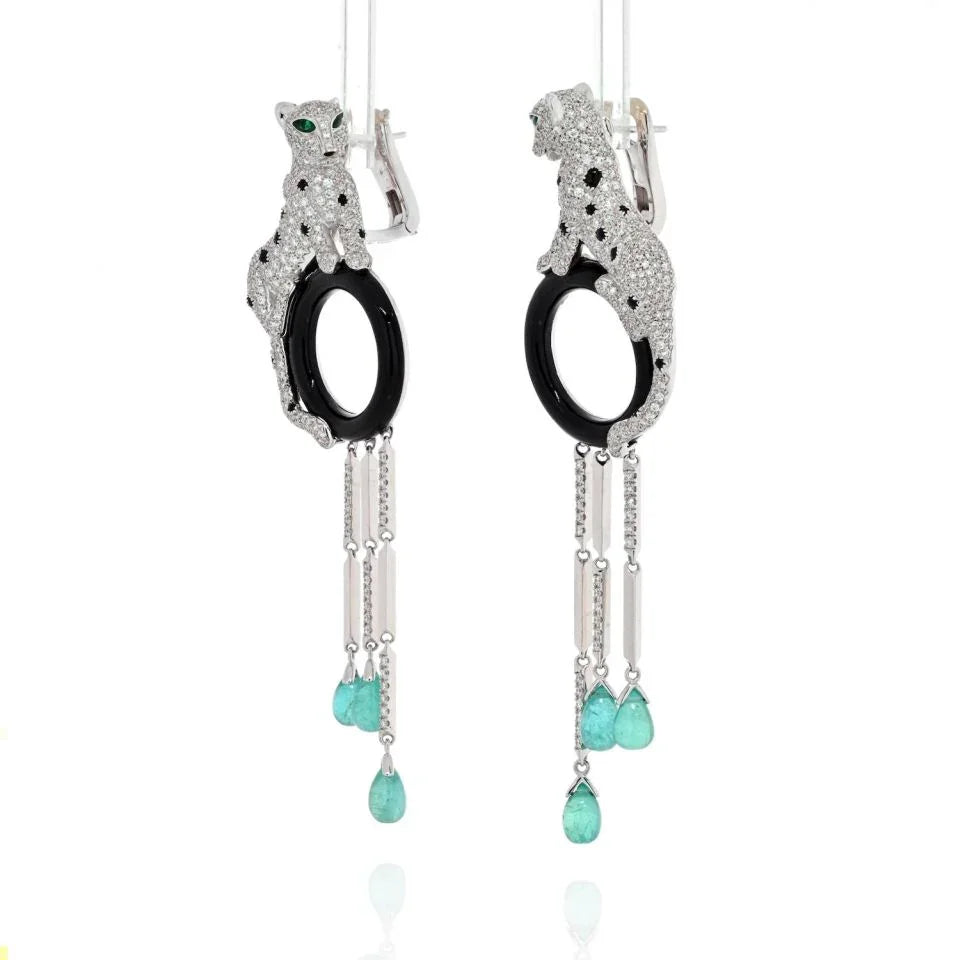 Carthttier 18K White Gold Panthere De Carthttier Onyx And Emerald Tassels Earrings
