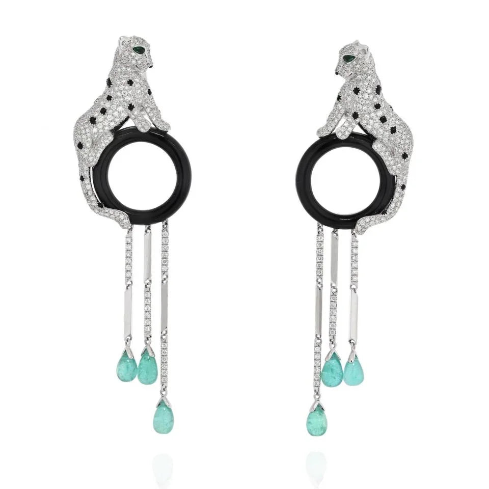 Carthttier 18K White Gold Panthere De Carthttier Onyx And Emerald Tassels Earrings