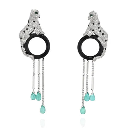 Carthttier 18K White Gold Panthere De Carthttier Onyx And Emerald Tassels Earrings