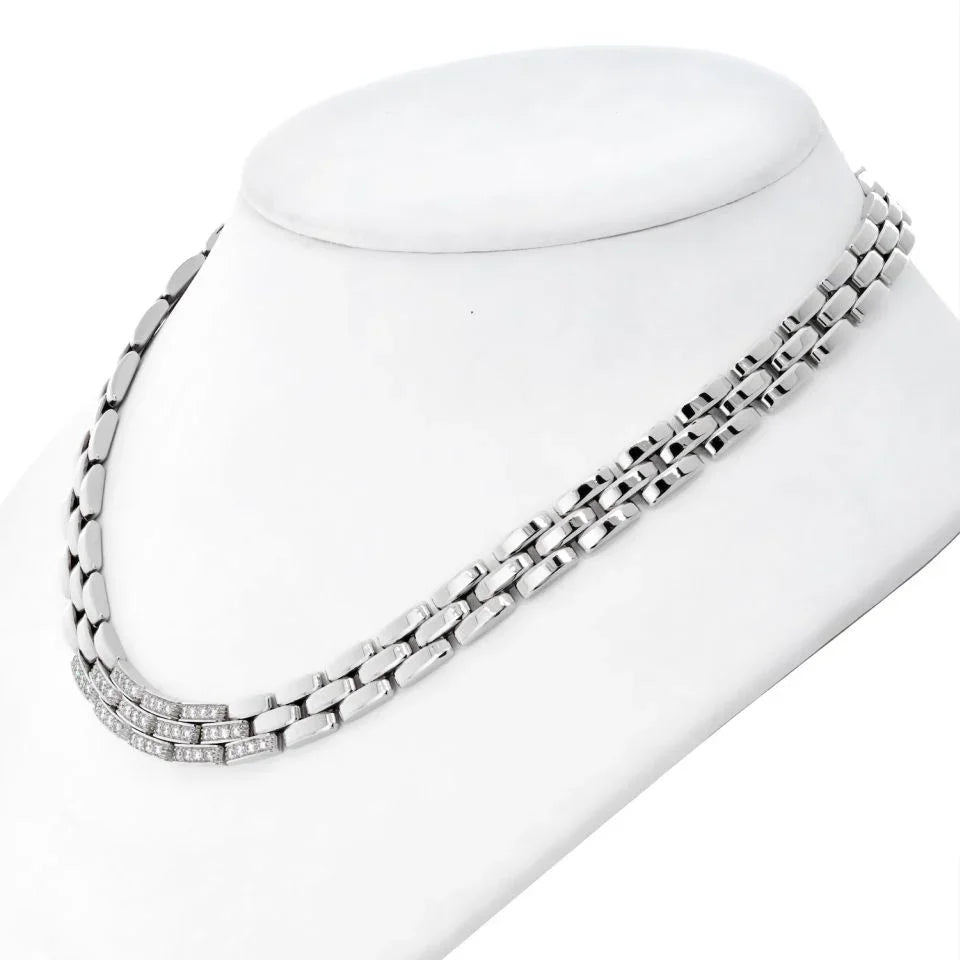 Carthttier 18K White Gold Maillon Panthere 3 Row Diamond Necklace