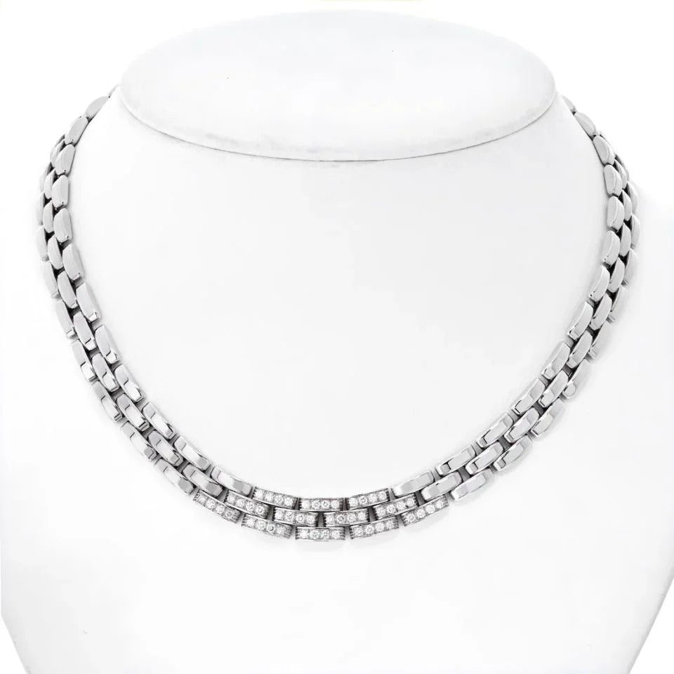 Carthttier 18K White Gold Maillon Panthere 3 Row Diamond Necklace