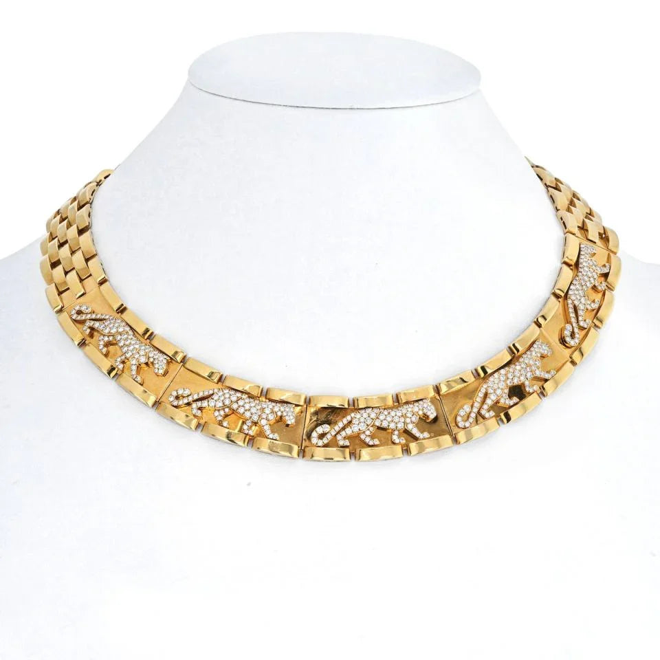 Carthttier 18K Yellow Gold Mahango Walking Panthere Diamond Collar Necklace