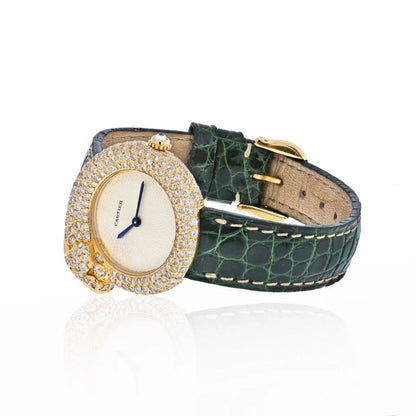 Carthttier 18K Yellow Gold Diamond Panthere 1925 Leather Bracelet Women Watch