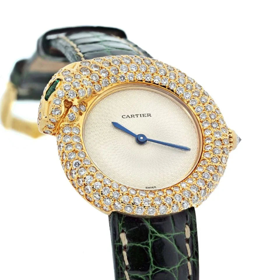 Carthttier 18K Yellow Gold Diamond Panthere 1925 Leather Bracelet Women Watch
