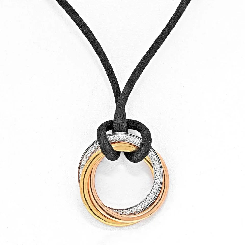 Carthttier 18K Tri Color Trinity With Diamonds Pendant On A Black Cord Necklace