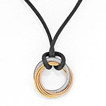 Carthttier 18K Tri Color Trinity With Diamonds Pendant On A Black Cord Necklace