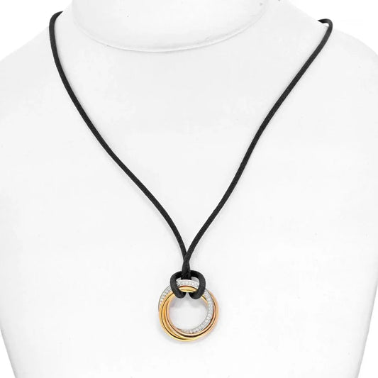 Carthttier 18K Tri Color Trinity With Diamonds Pendant On A Black Cord Necklace