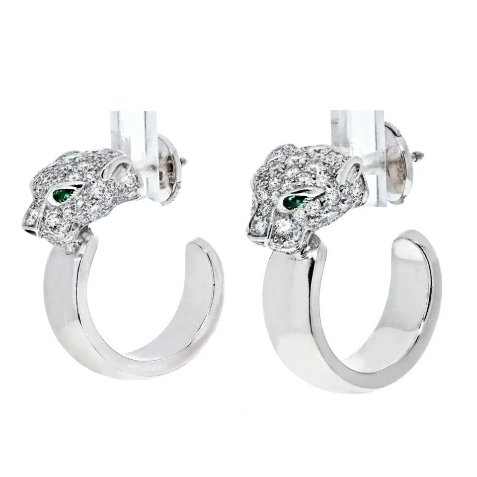 Carthttier 18K White Gold Diamond Panther Head Hoop Earrings