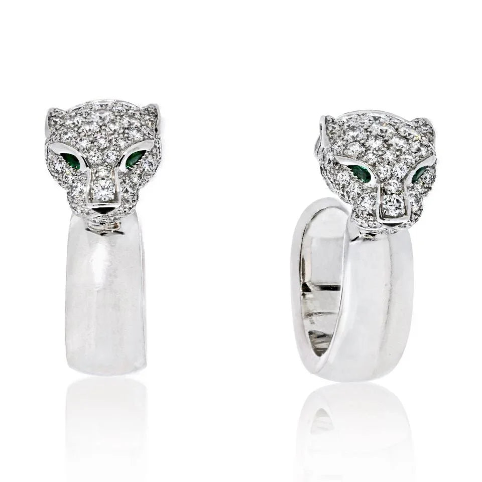 Carthttier 18K White Gold Diamond Panther Head Hoop Earrings