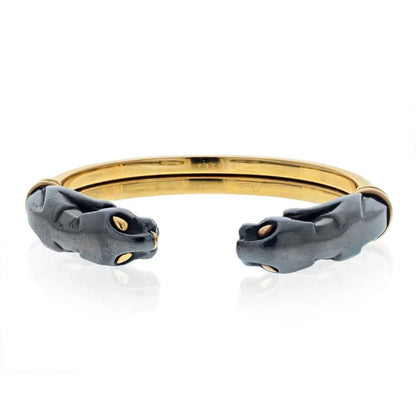 Carthttier 18K Yellow Gold Hematite Double Panthere Cuff Bracelet