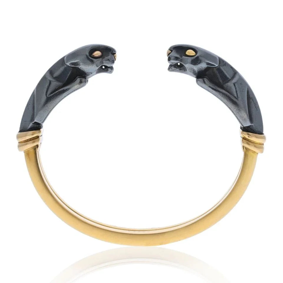 Carthttier 18K Yellow Gold Hematite Double Panthere Cuff Bracelet