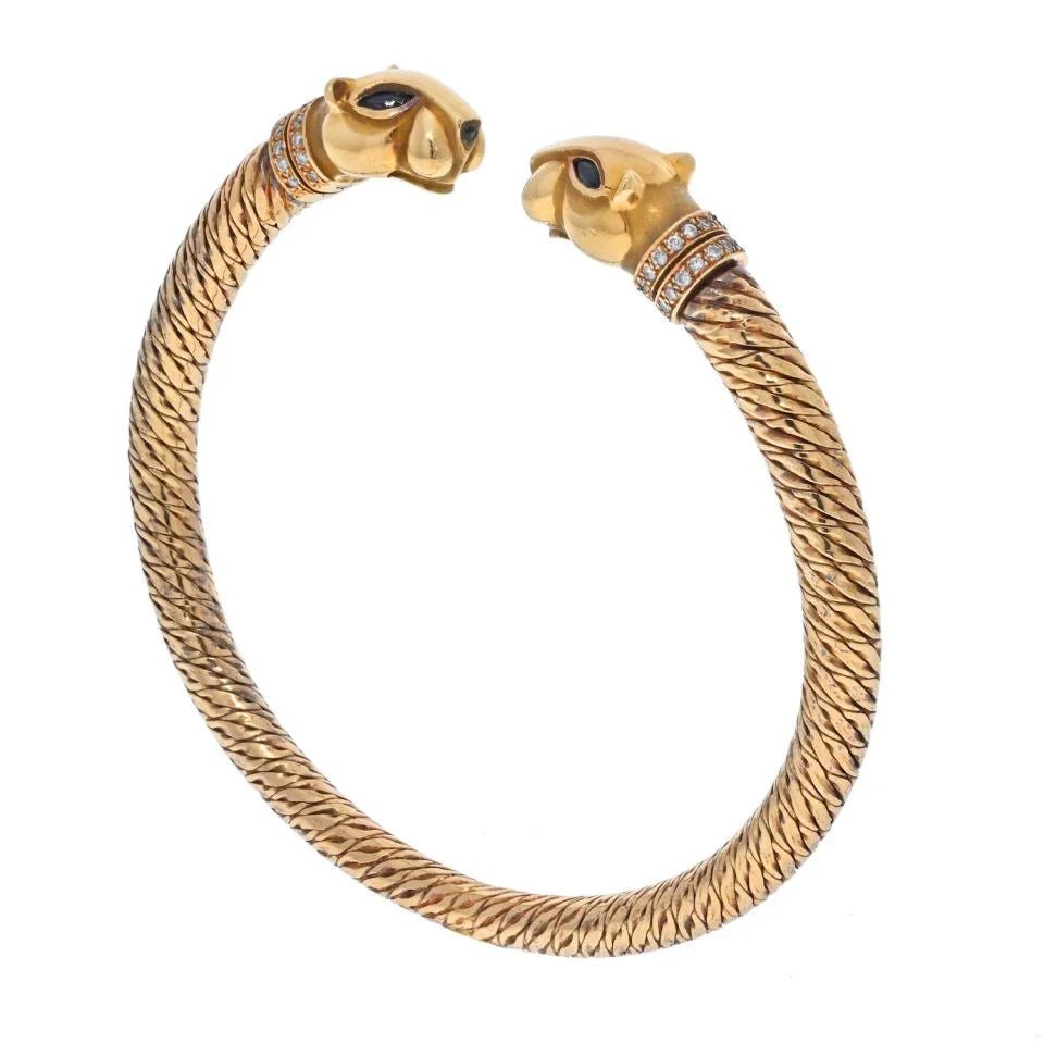 Carthttier 18K Yellow Gold Textured Double Headed Panthere Diamond Collar Bracelet