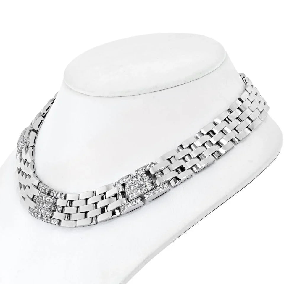 Carthttier 18K White Gold 6.50 Carat Panthere Maillon Diamond Wide Collar Necklace