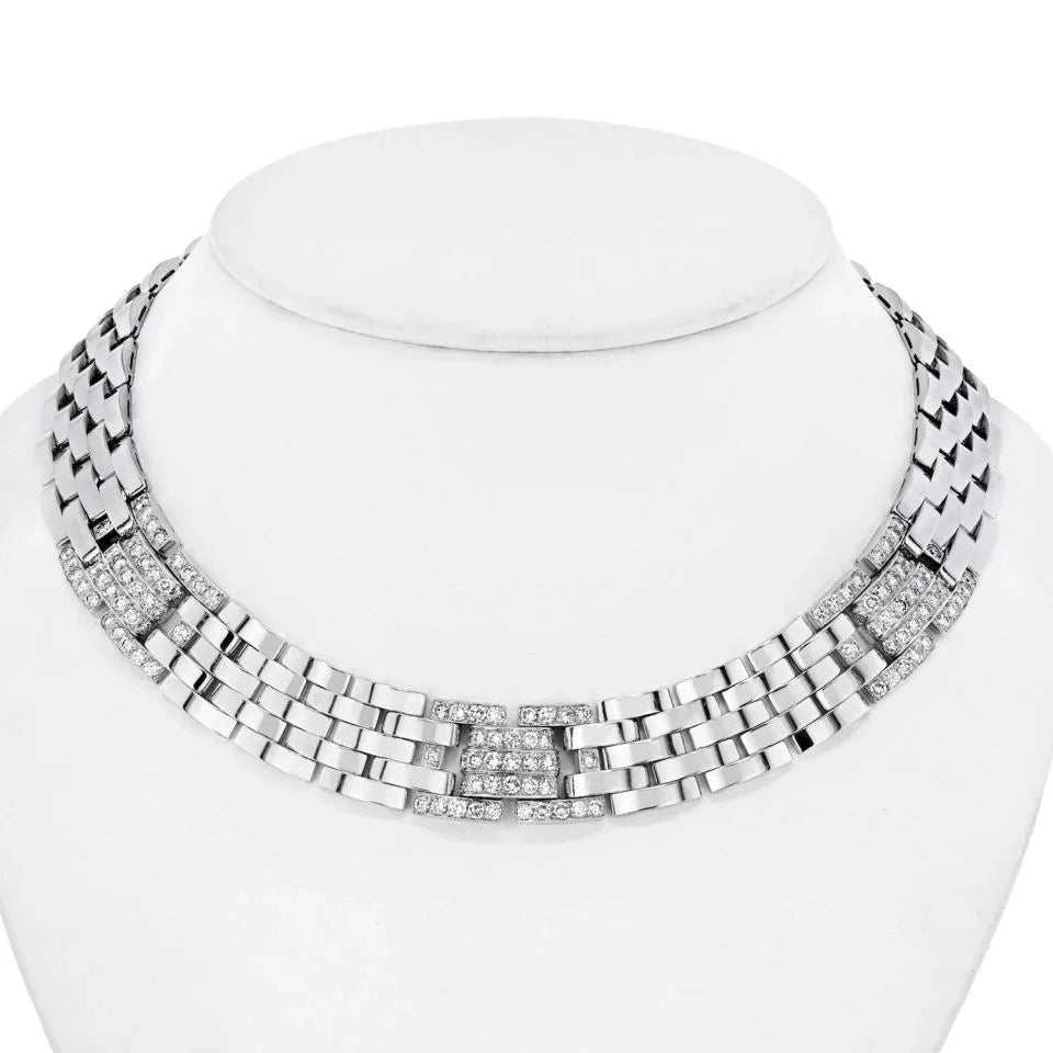 Carthttier 18K White Gold 6.50 Carat Panthere Maillon Diamond Wide Collar Necklace