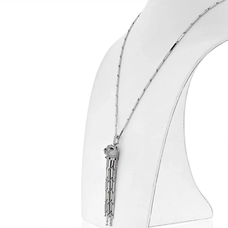 Carthttier 18K White Gold Diamond Panthere With Tassels On A Signature Chain Necklace