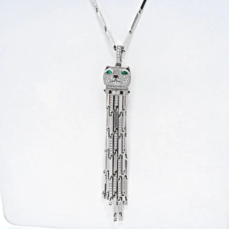 Carthttier 18K White Gold Diamond Panthere With Tassels On A Signature Chain Necklace