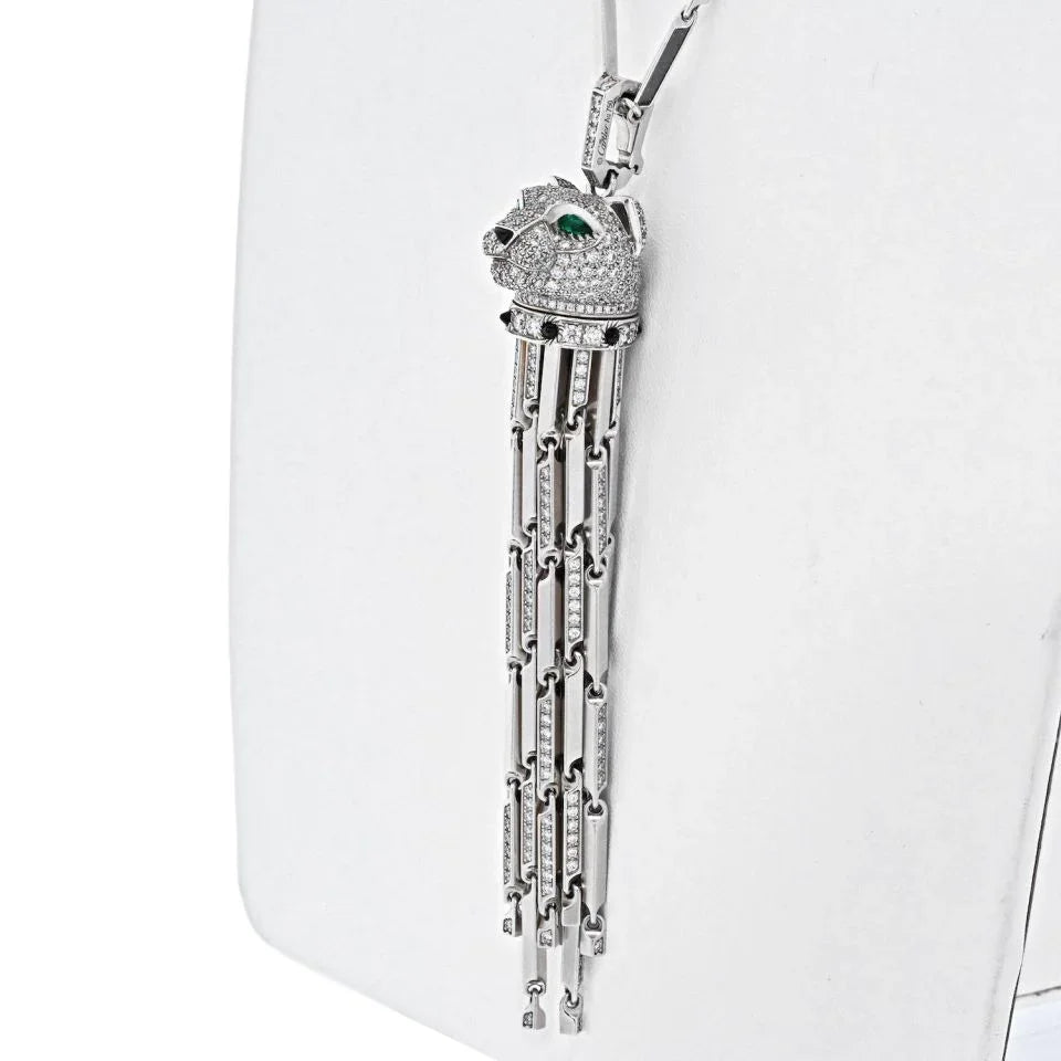 Carthttier 18K White Gold Diamond Panthere With Tassels On A Signature Chain Necklace