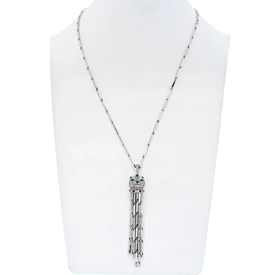Carthttier 18K White Gold Diamond Panthere With Tassels On A Signature Chain Necklace