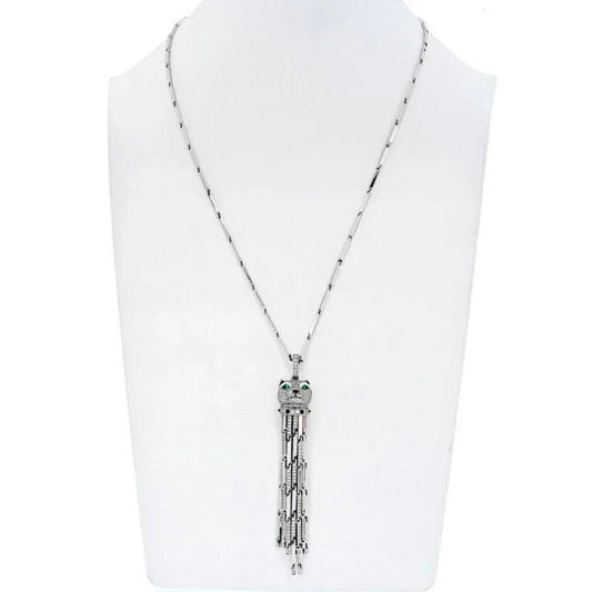 Carthttier 18K White Gold Diamond Panthere With Tassels On A Signature Chain Necklace
