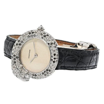 Carthttier 18K White Gold Diamond Panthere 1925 Model Ref: 2323 Quartz Leather Women Watch