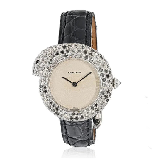 Carthttier 18K White Gold Diamond Panthere 1925 Model Ref: 2323 Quartz Leather Women Watch