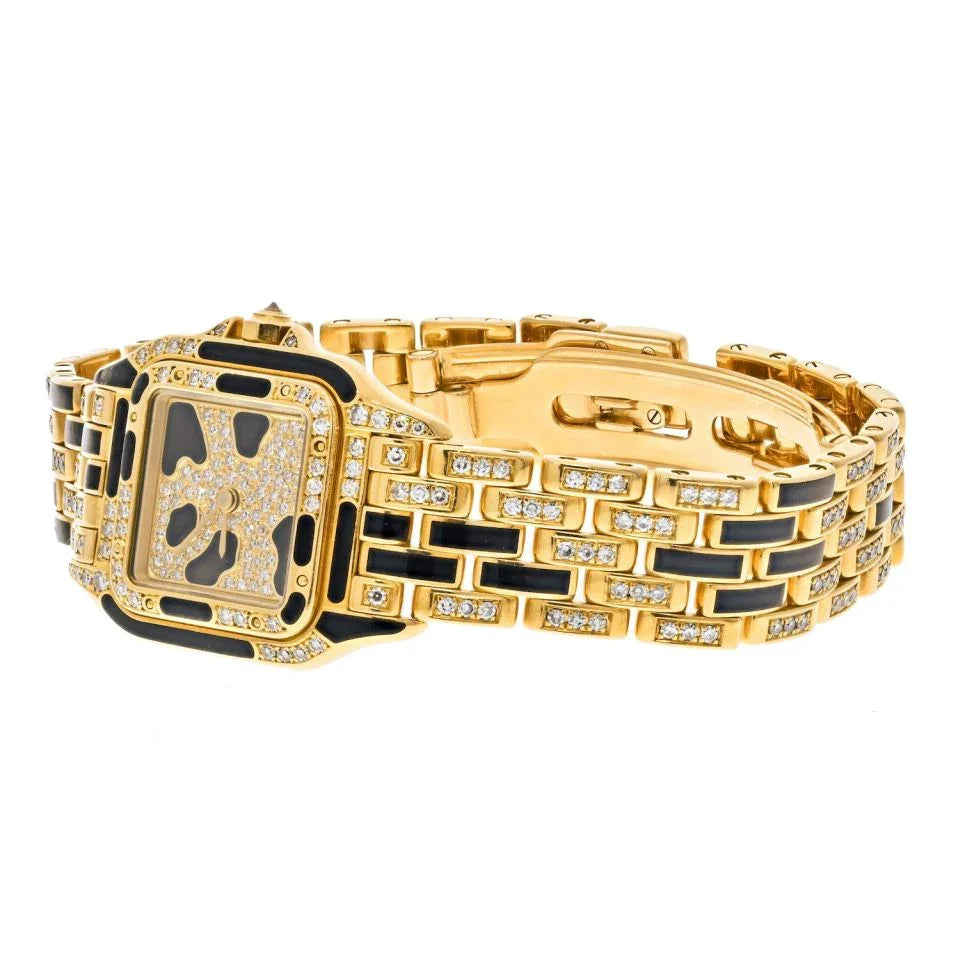 Carthttier 18K Yellow Gold Panthere Maillon Black Lacquer Diamond Women Watch