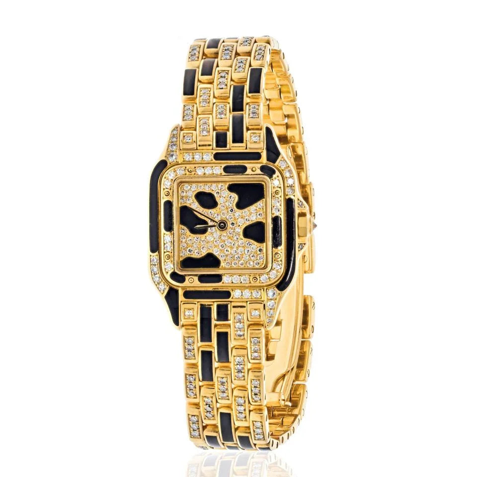 Carthttier 18K Yellow Gold Panthere Maillon Black Lacquer Diamond Women Watch