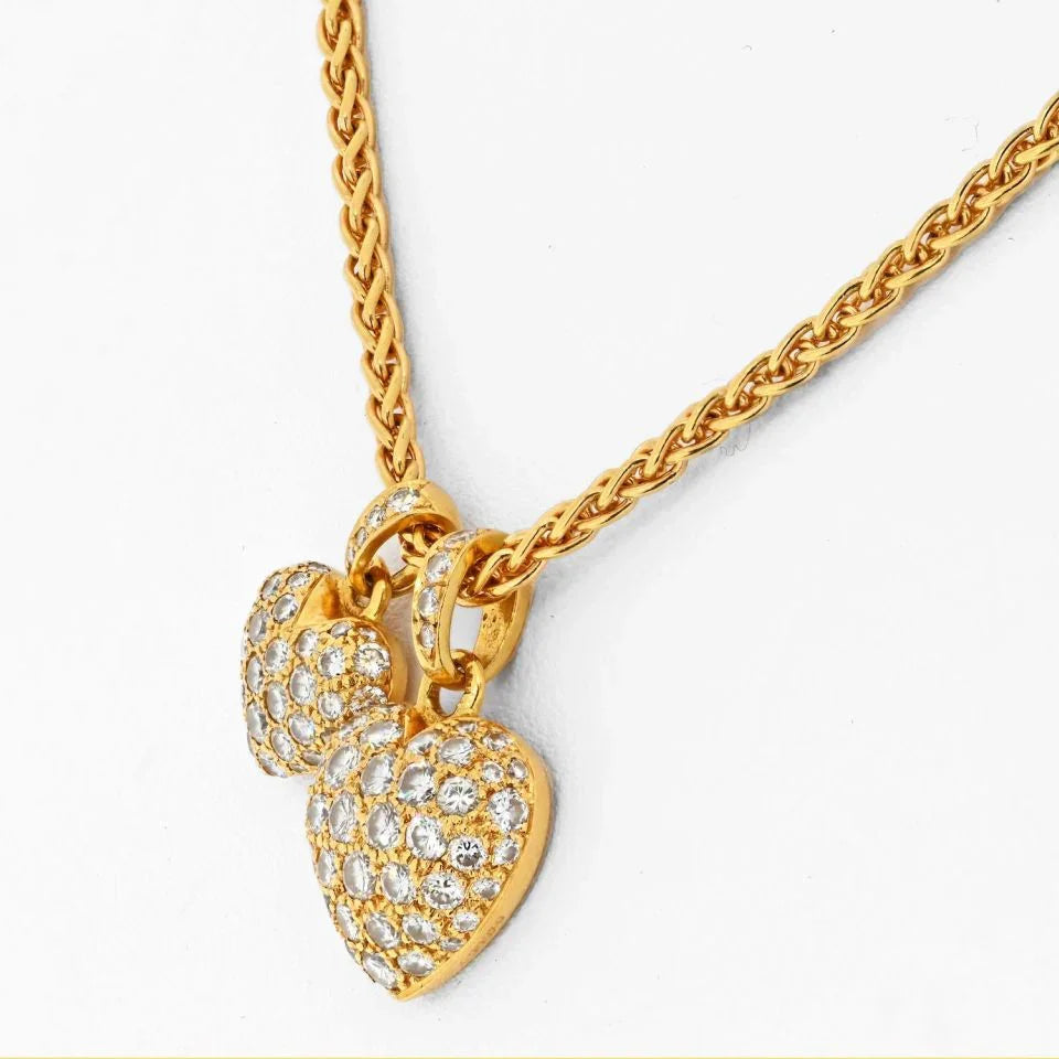 Carthttier 18K Yellow Gold Two Diamond Heart Charms On A Chain Necklace