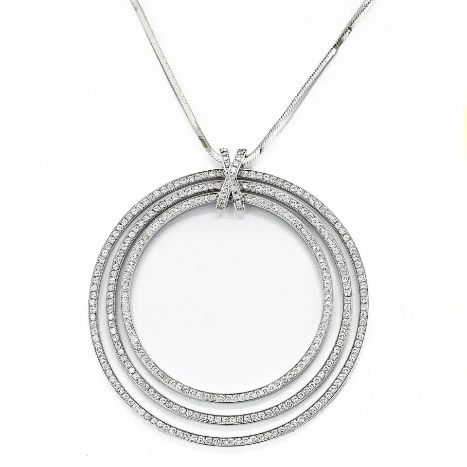 Carthttier 18K White Gold Three Tiered Ring Pave Set Pendant Necklace