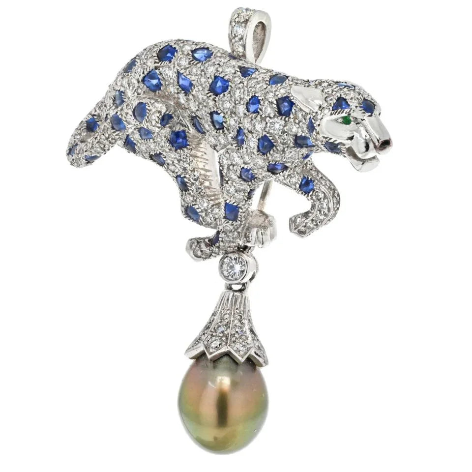 Carthttier Panthere Tahitian Pearl, Sapphire And Diamond Pendant/Clip Brooch