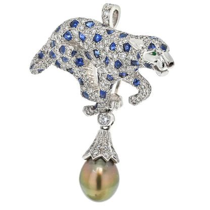 Carthttier Panthere Tahitian Pearl, Sapphire And Diamond Pendant/Clip Brooch