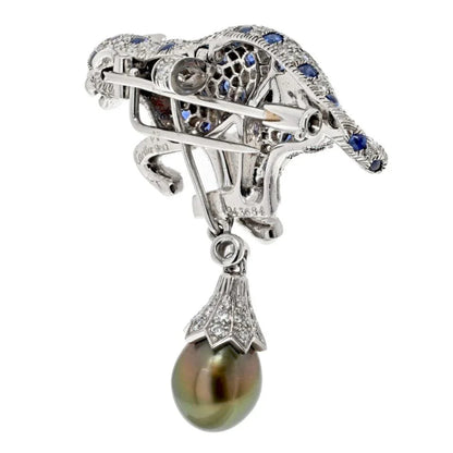 Carthttier Panthere Tahitian Pearl, Sapphire And Diamond Pendant/Clip Brooch