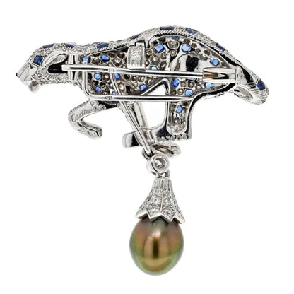 Carthttier Panthere Tahitian Pearl, Sapphire And Diamond Pendant/Clip Brooch