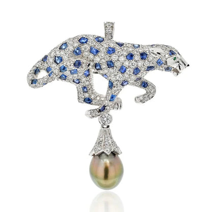 Carthttier Panthere Tahitian Pearl, Sapphire And Diamond Pendant/Clip Brooch