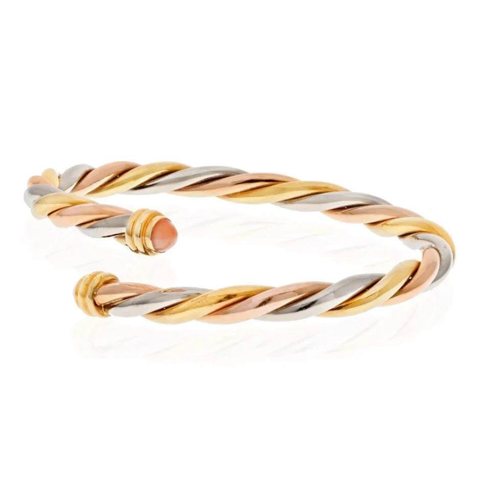 Carthttier 18K Yellow Gold Tri-Color Twist Bangle With Coral Tips Bracelet