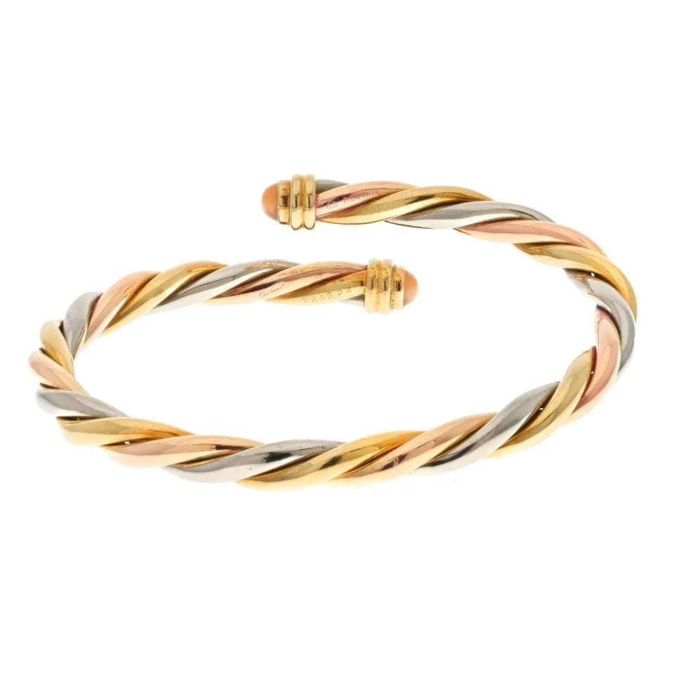 Carthttier 18K Yellow Gold Tri-Color Twist Bangle With Coral Tips Bracelet