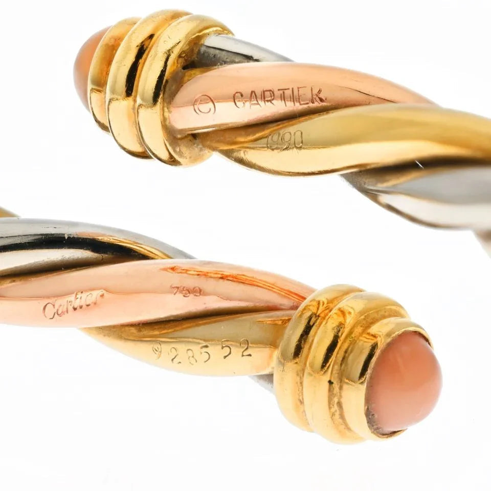 Carthttier 18K Yellow Gold Tri-Color Twist Bangle With Coral Tips Bracelet