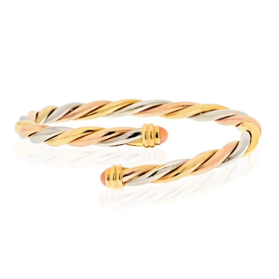 Carthttier 18K Yellow Gold Tri-Color Twist Bangle With Coral Tips Bracelet