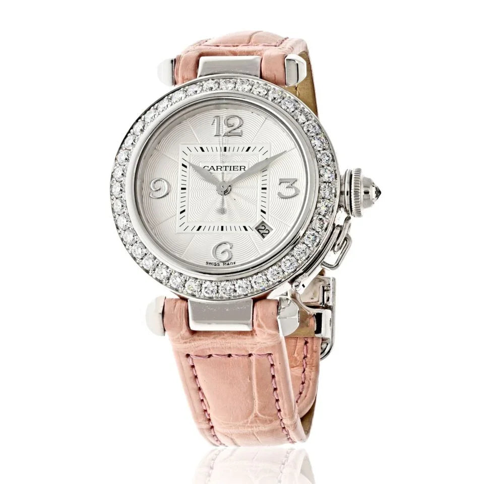 Carthttier 18K White Gold 32mm Pasha Factory Diamond Bezel 2528 Women Watch