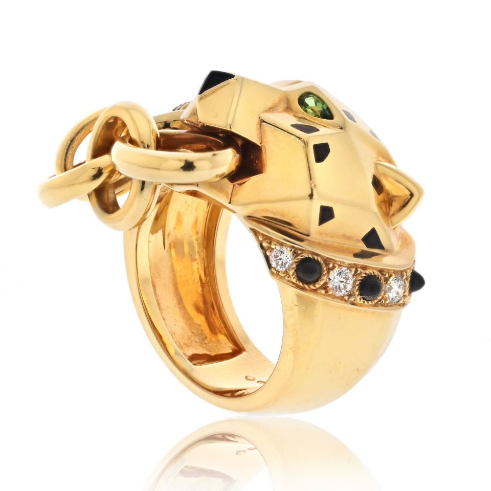 Carthttier 18K Yellow Gold Panthere With A Chain In Her Mouth Ring
