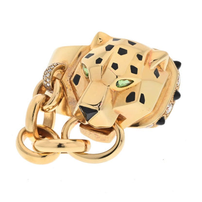 Carthttier 18K Yellow Gold Panthere With A Chain In Her Mouth Ring