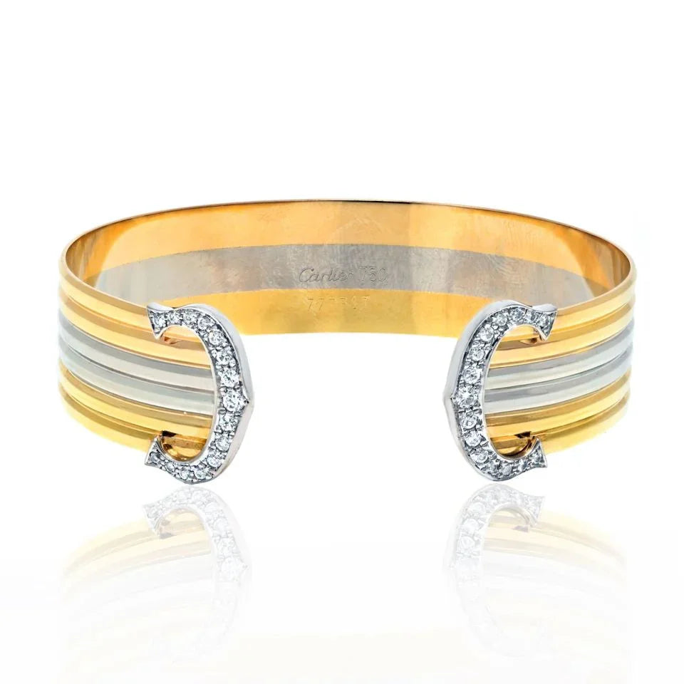 Carthttier 18K Tri Color Double C Diamond Open Cuff Bracelet