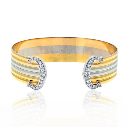 Carthttier 18K Tri Color Double C Diamond Open Cuff Bracelet