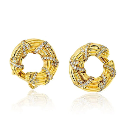Carthttier 18K Yellow Gold Fluted Diamond Vintage Earrings