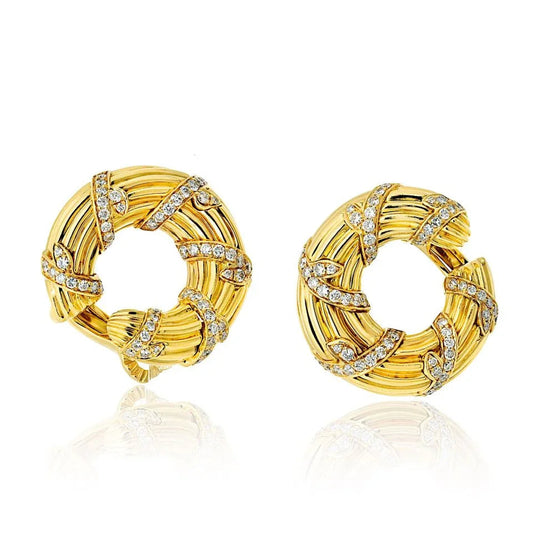 Carthttier 18K Yellow Gold Fluted Diamond Vintage Earrings