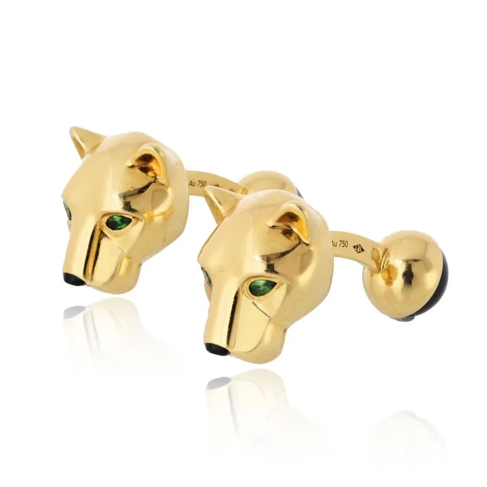 Carthttier Panthere 18K Yellow Gold Black Onyx Nose And Green Eyes Cuff Links